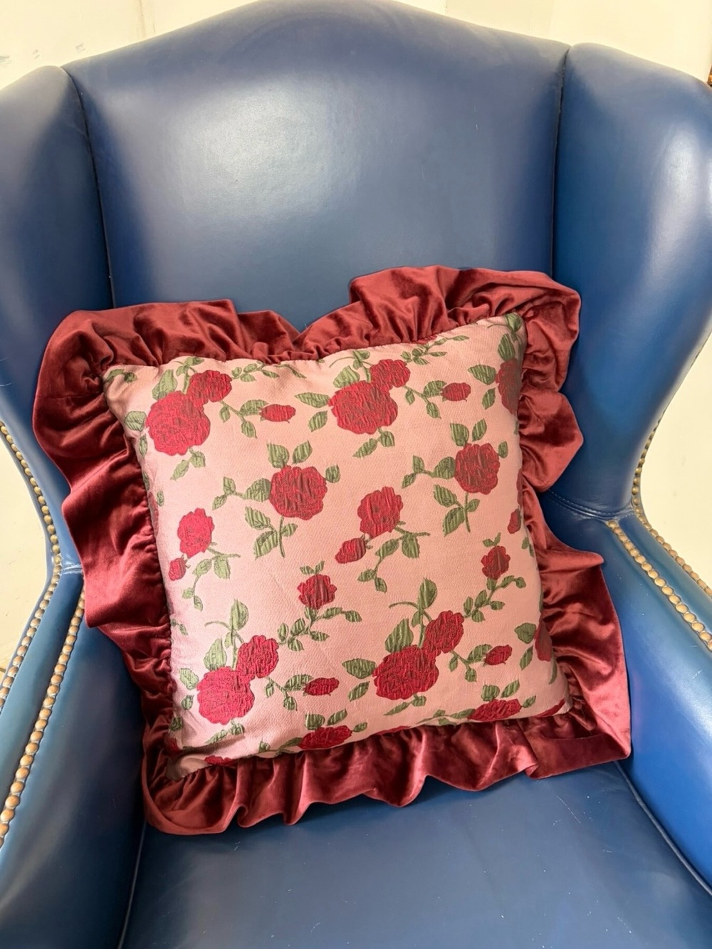 Floral Rose Print Decorative Pillow with Ruffle Satin Trim